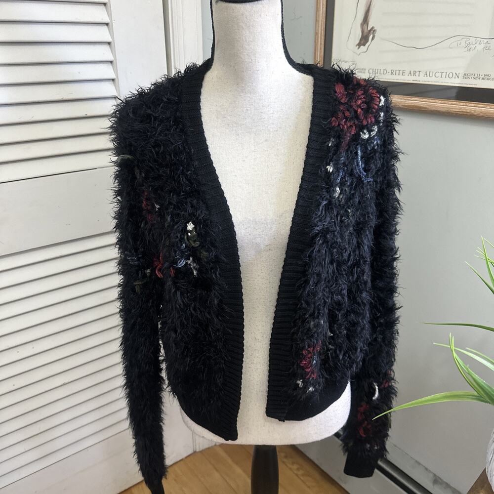 Free People Cardigan Small Black Fuzzy Floral Open Embroidered Boho Festival
